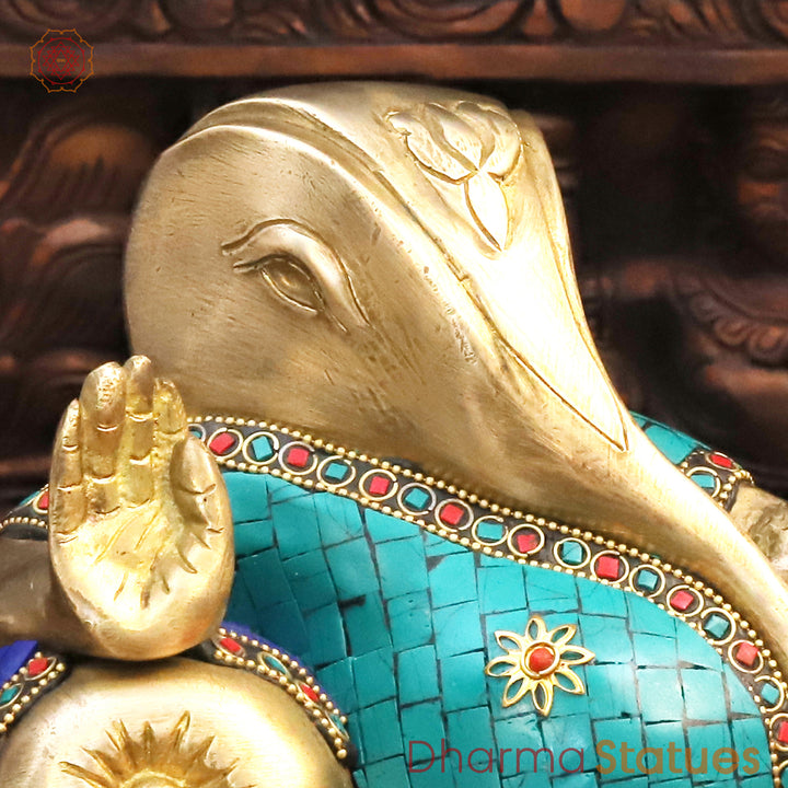 Brass Lord Ganesha Idol, Exclusive Golden & Stone Work 5.5"