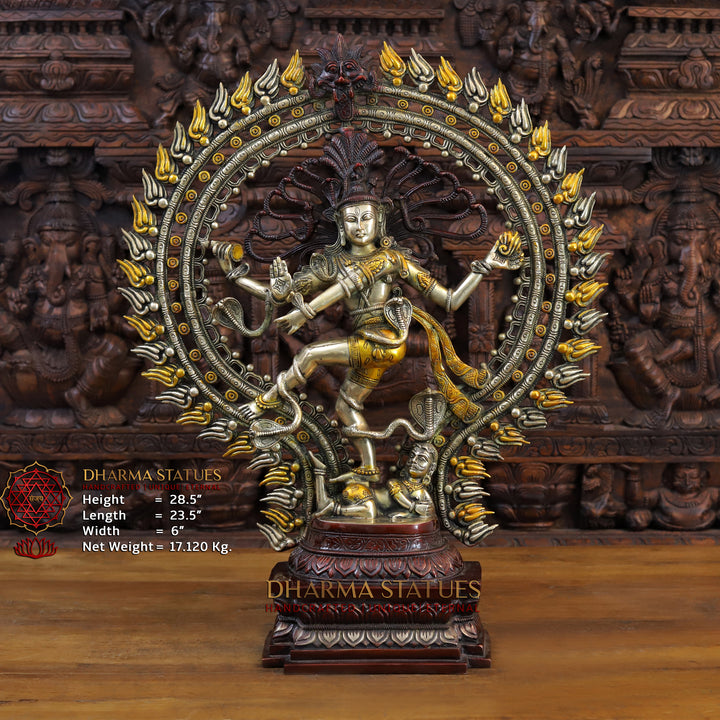 Brass Natraj Idol, Dancing Lord Shiva, Golden & Silver Finish 28.5" Front View