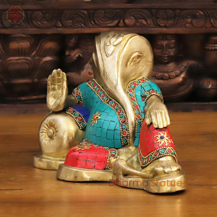 Brass Lord Ganesha Idol, Exclusive Golden & Stone Work 5.5"