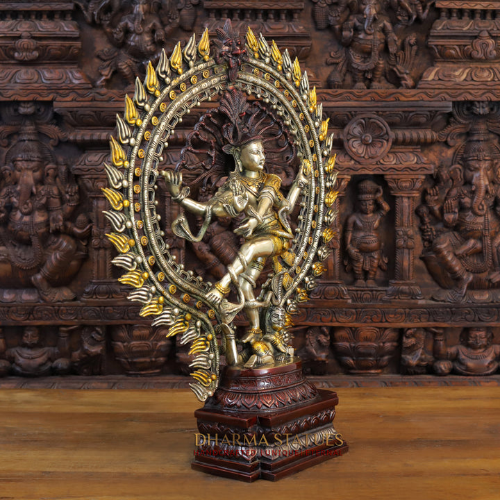 Brass Natraj Idol, Dancing Lord Shiva, Golden, Silver & Bronze Finish 28.5"