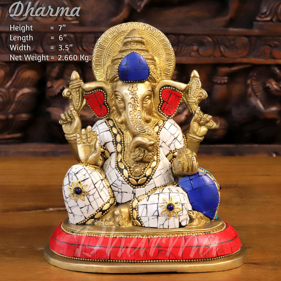 Brass Ganesh Statue, Seated on a Base in Blessing Posture, Golden and Stone work 7" front view