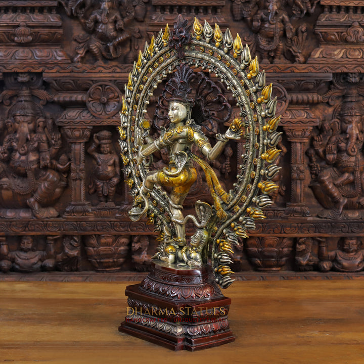 Brass Natraj Idol, Dancing Lord Shiva, Golden, Silver & Bronze Finish 28.5"