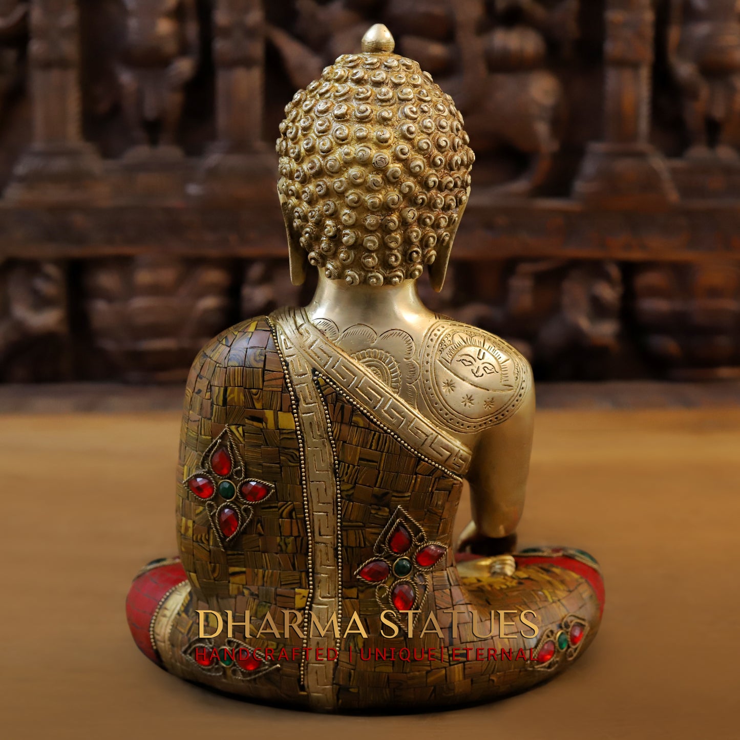 Brass Buddha seated, Bhumisparsha Mudra, Golden & Stonework, 12"