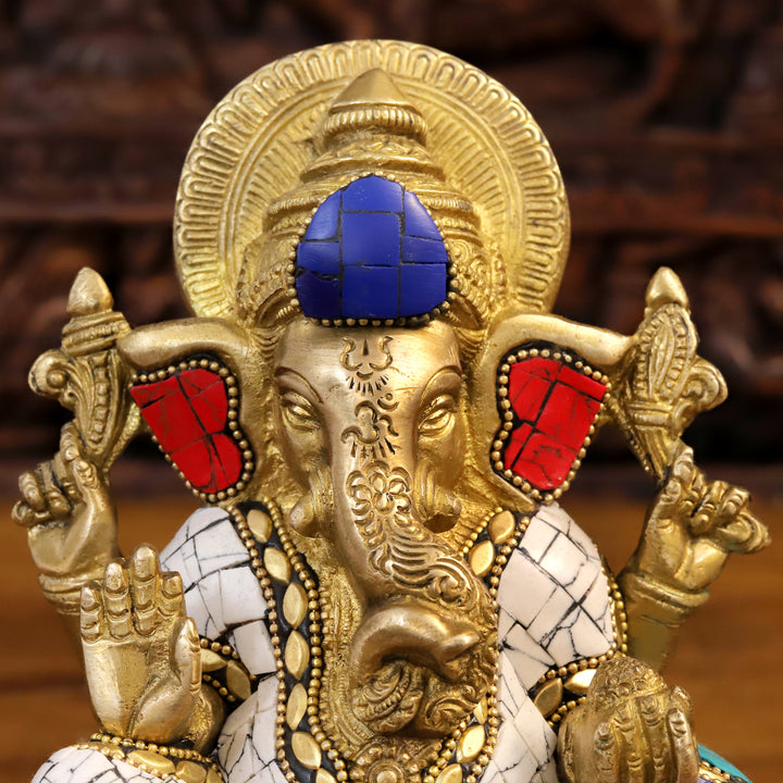 Brass Ganesh Statue, Seated on a Base in Blessing Posture, Golden and Stone work 7"