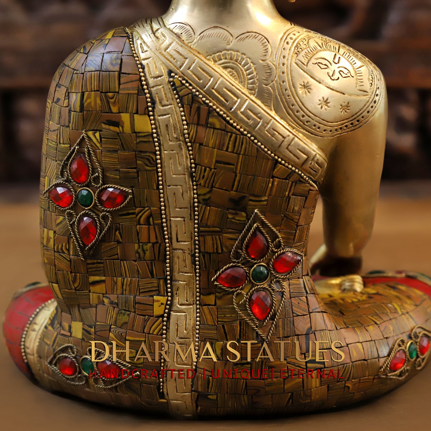 Brass Buddha seated, Bhumisparsha Mudra, Golden & Stonework, 12"