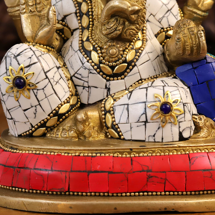 Brass Ganesh Statue, Seated on a Base in Blessing Posture, Golden and Stone work 7"