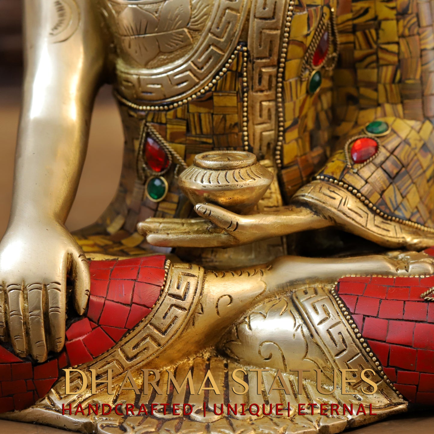 Brass Buddha seated, Bhumisparsha Mudra, Golden & Stonework, 12"