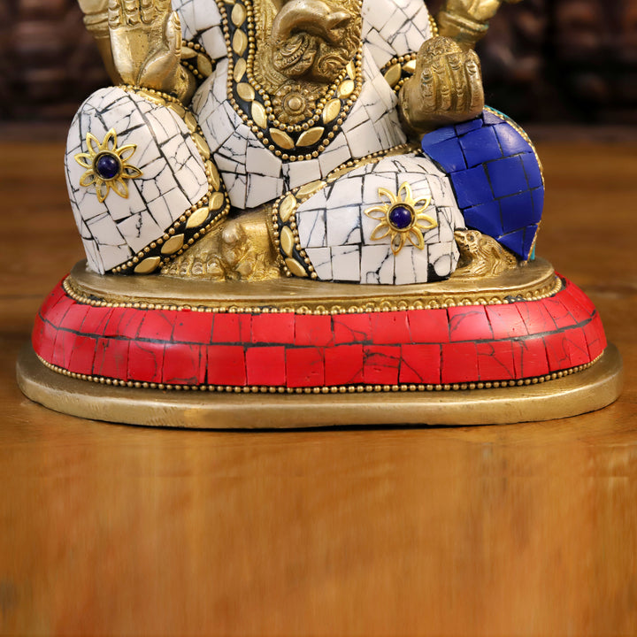 Brass Ganesh Statue, Seated on a Base in Blessing Posture, Golden and Stone work 7"