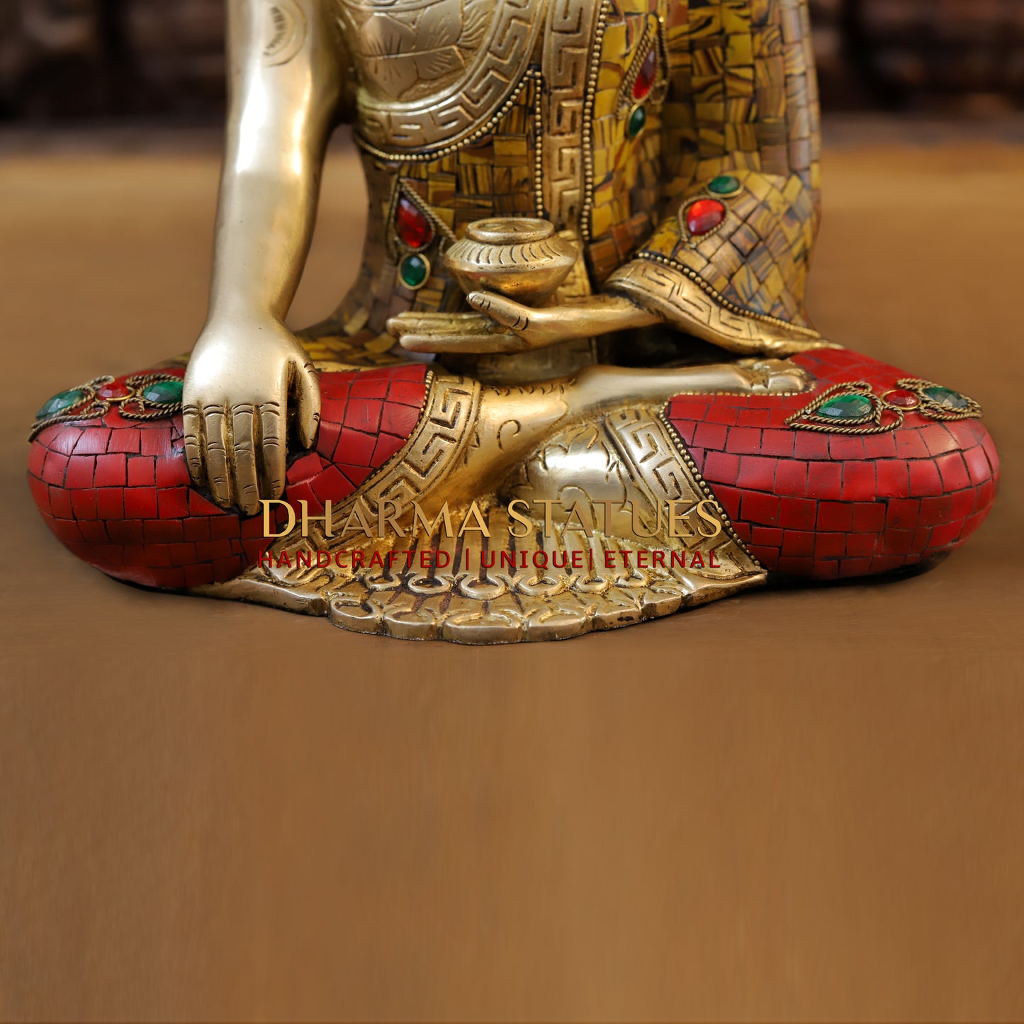 Brass Buddha seated, Bhumisparsha Mudra, Golden & Stonework, 12"
