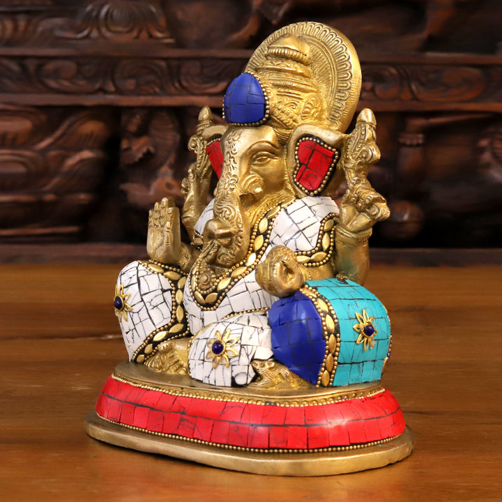 Brass Ganesh Statue, Seated on a Base in Blessing Posture, Golden and Stone work 7" side view