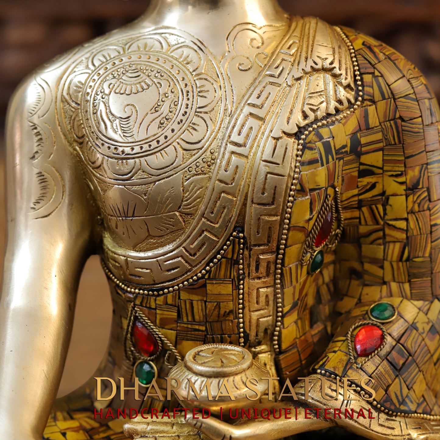 Brass Buddha seated, Bhumisparsha Mudra, Golden & Stonework, 12"