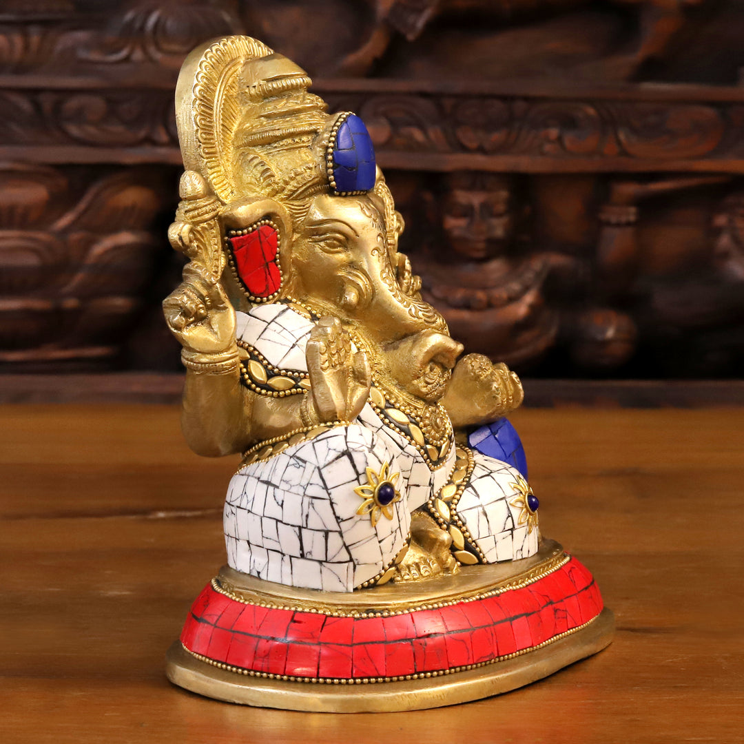 Brass Ganesh Statue, Seated on a Base in Blessing Posture, Golden and Stone work 7" side view