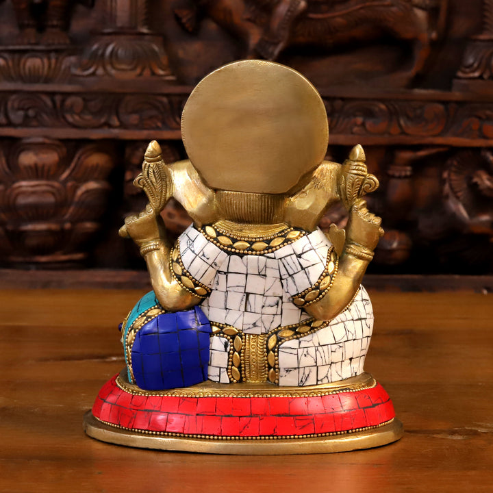 Brass Ganesh Statue, Seated on a Base in Blessing Posture, Golden and Stone work 7" back view