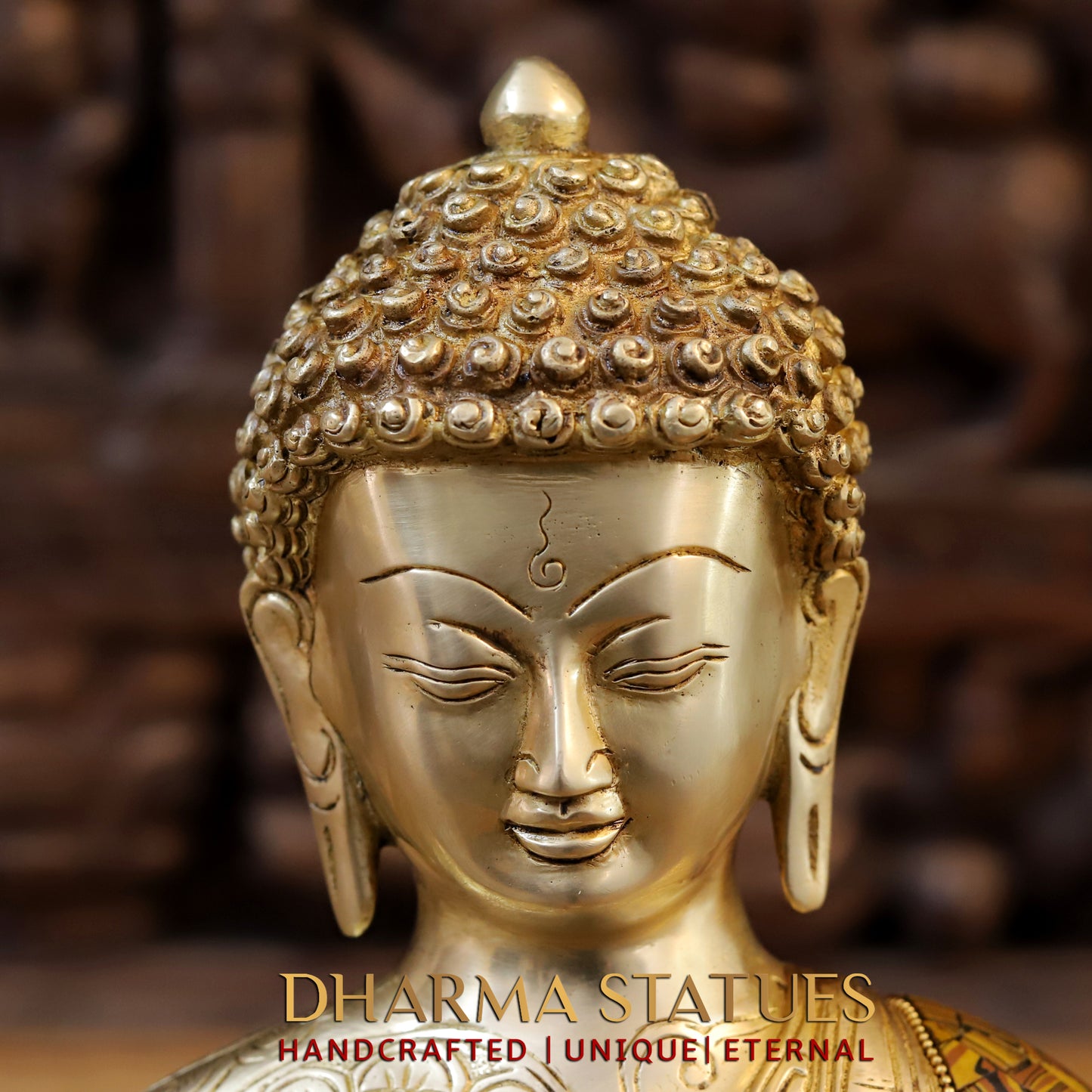 Brass Buddha seated, Bhumisparsha Mudra, Golden & Stonework, 12"
