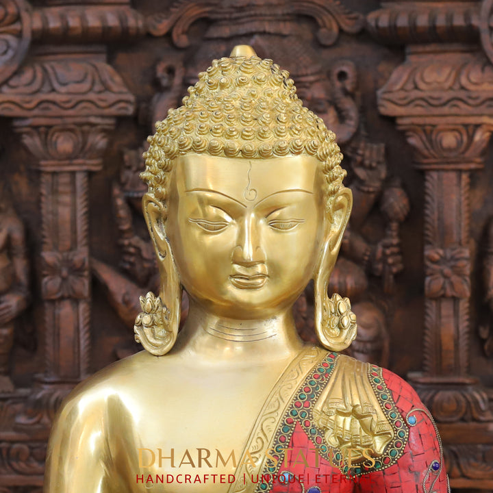 Brass Buddha Idol, Seated, Golden and Stone work 20"