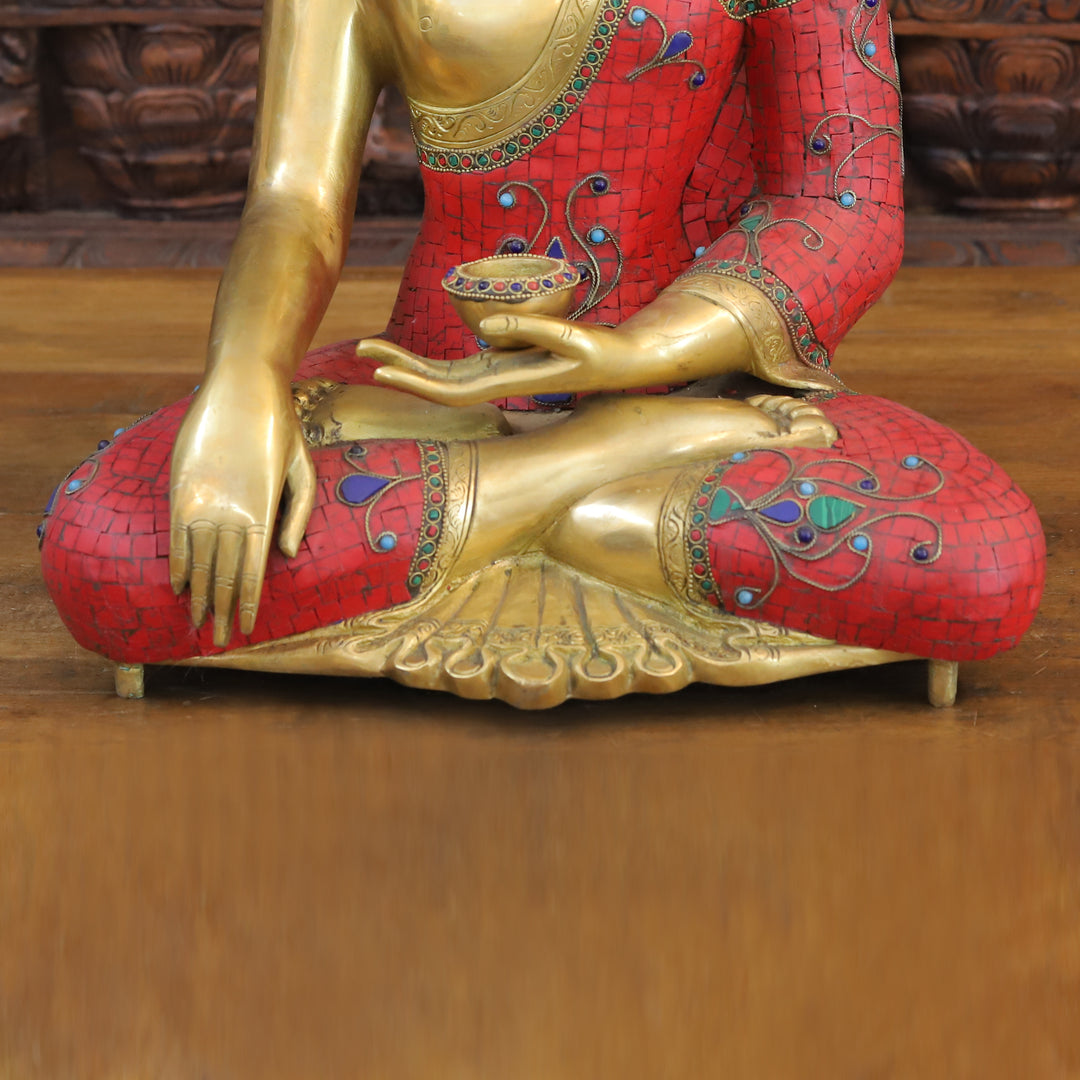 Brass Buddha Idol, Seated, Golden and Stone work 20"