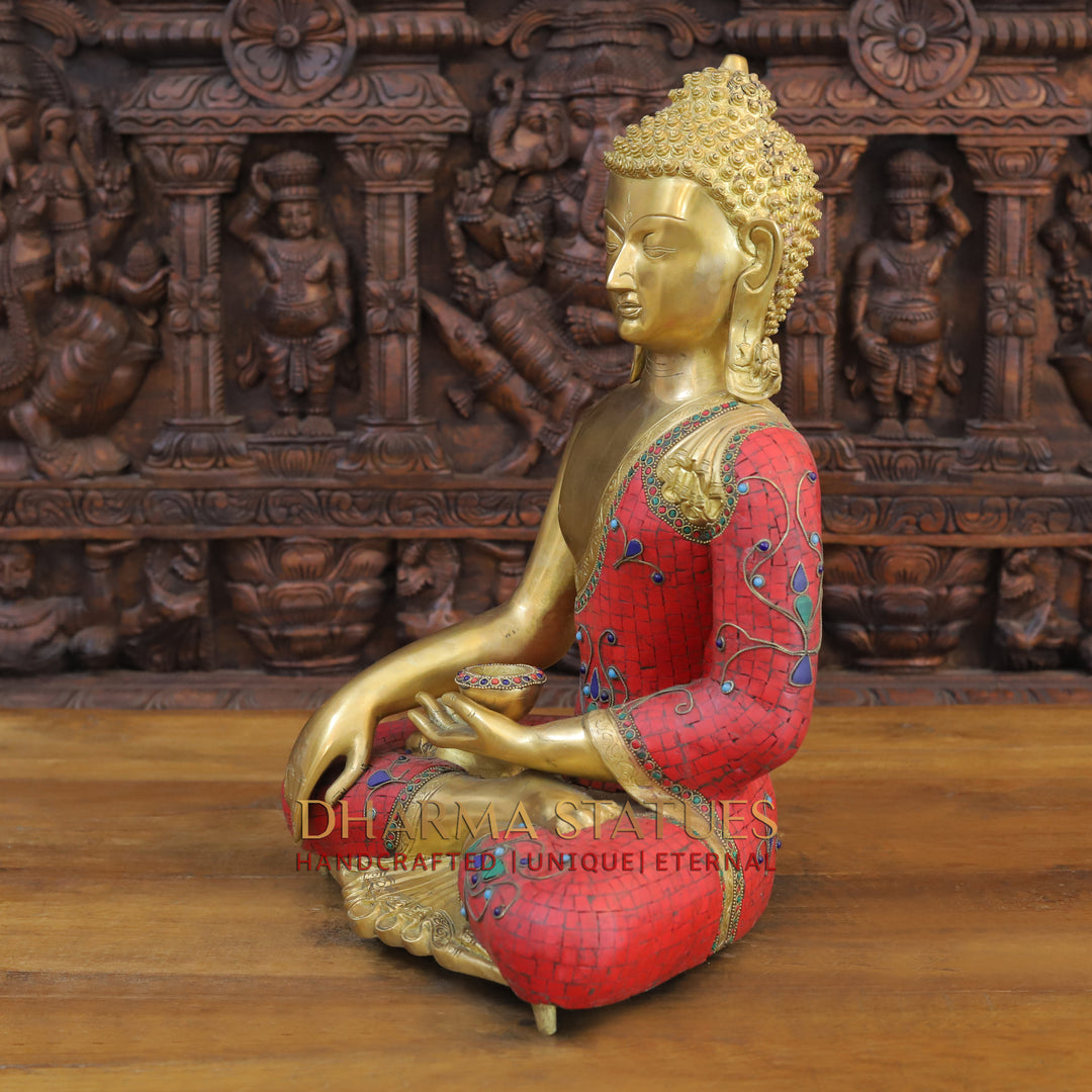 Brass Buddha Idol, Seated, Golden and Stone work 20"