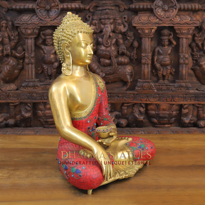 Brass Buddha Idol, Seated, Golden and Stone work 20"