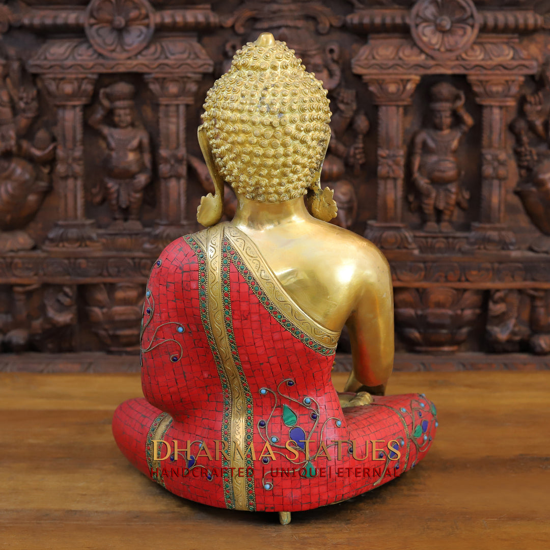 Brass Buddha Idol, Seated, Golden and Stone work 20"