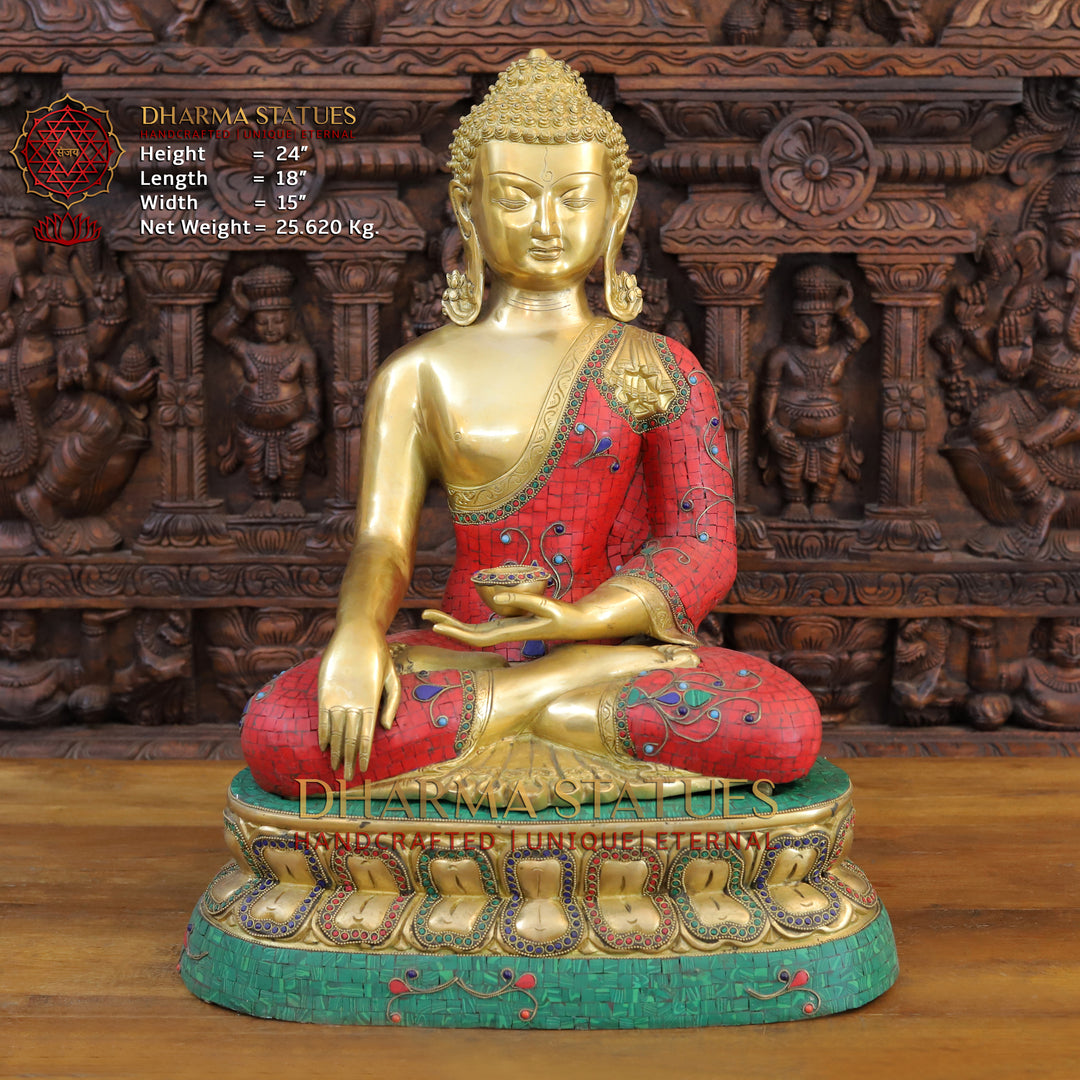 Brass Buddha Idol, Seated on a Lotus, Golden & Stone Work 24" Front View