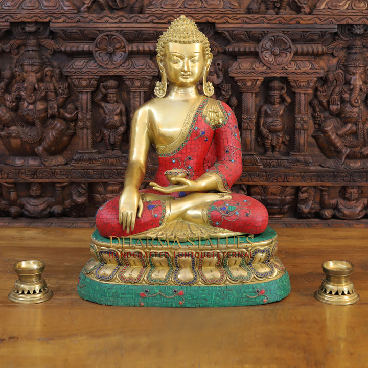 Brass Buddha Idol, Seated on a Lotus, Golden & Stone Work 24"