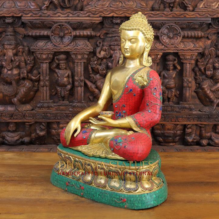 Brass Buddha Idol, Seated on a Lotus, Golden & Stone Work 24"