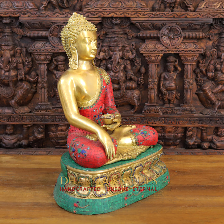 Brass Buddha Idol, Seated on a Lotus, Golden & Stone Work 24"