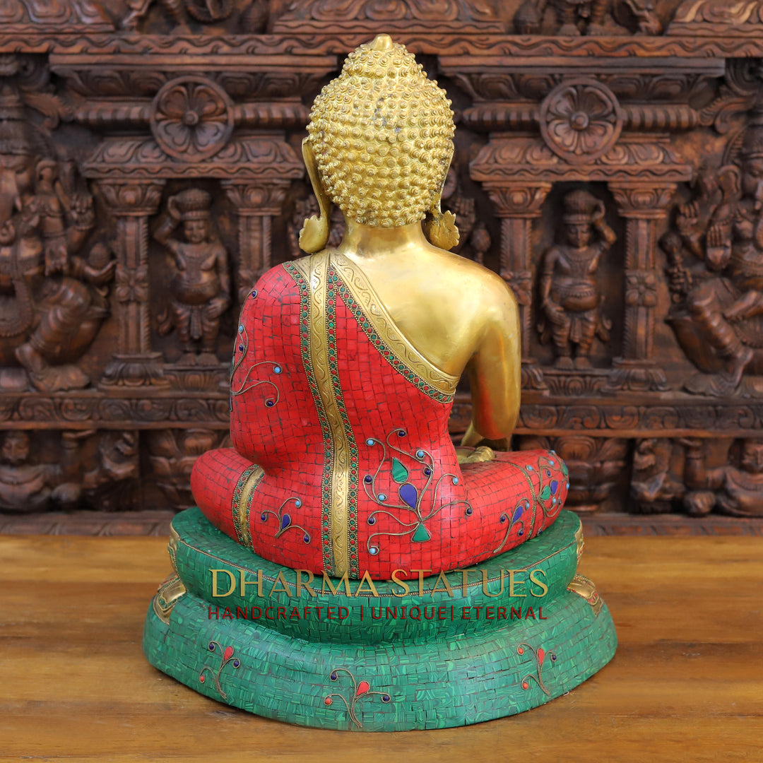 Brass Buddha Idol, Seated on a Lotus, Golden & Stone Work 24"