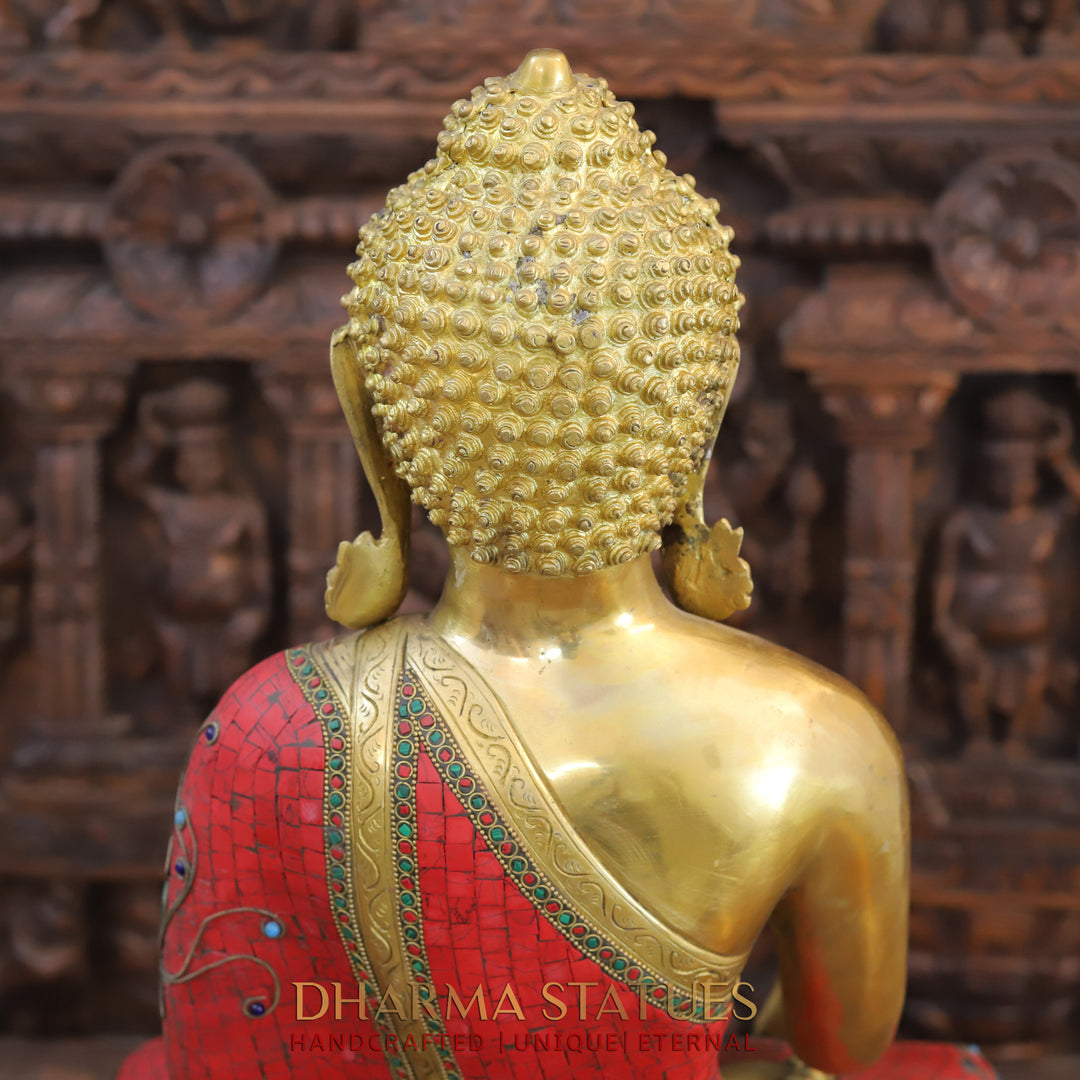 Brass Buddha Idol, Seated, Golden and Stone work 20"