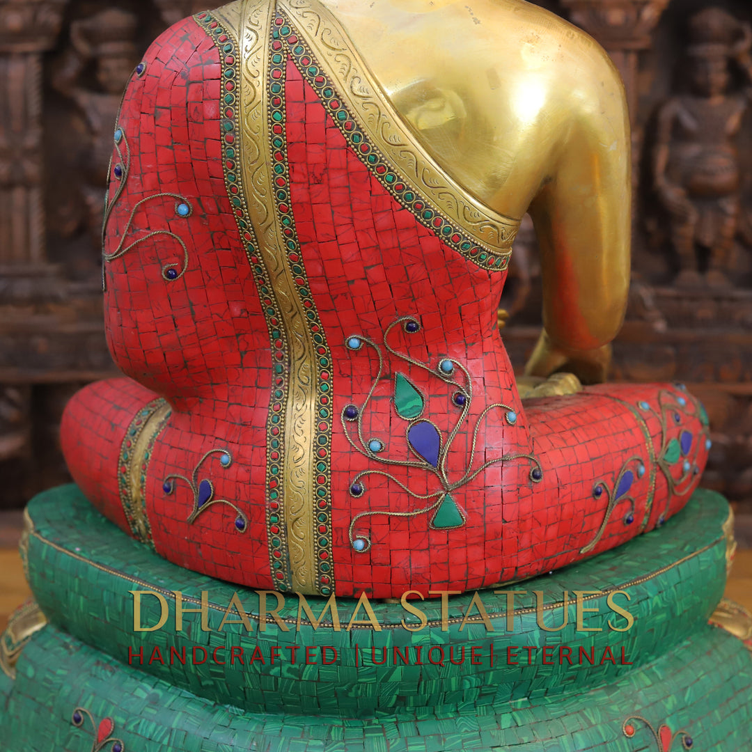 Brass Buddha Idol, Seated on a Lotus, Golden & Stone Work 24"