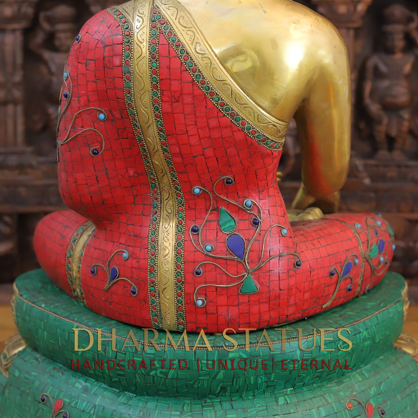 Brass Buddha Idol, Seated on a Lotus, Golden & Stone Work 24"
