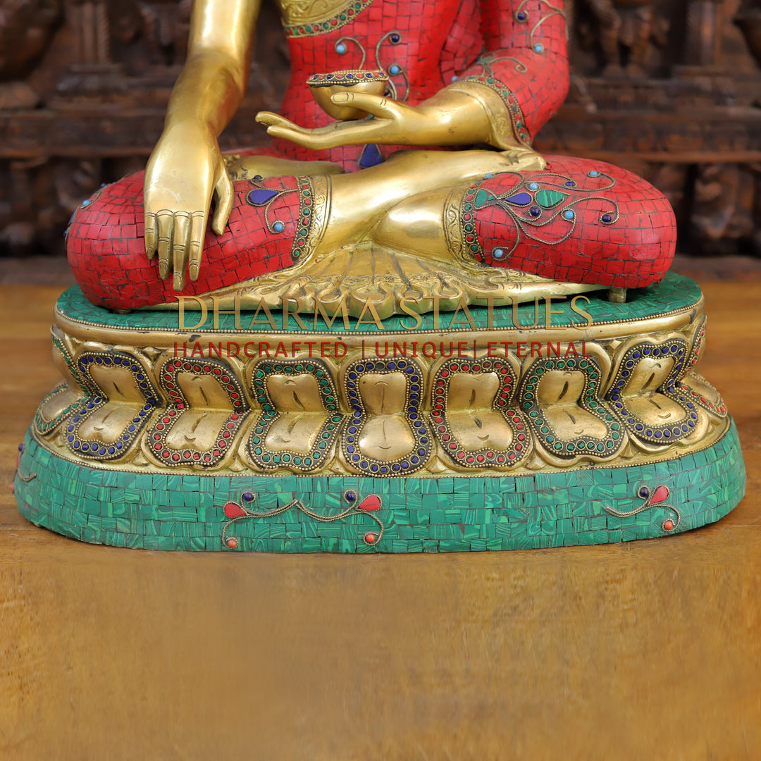 Brass Buddha Idol, Seated on a Lotus, Golden & Stone Work 24"