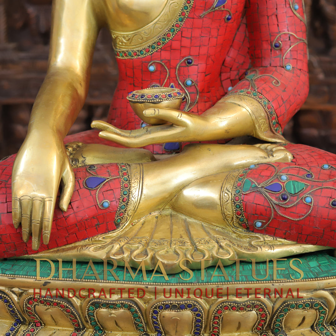 Brass Buddha Idol, Seated on a Lotus, Golden & Stone Work 24"