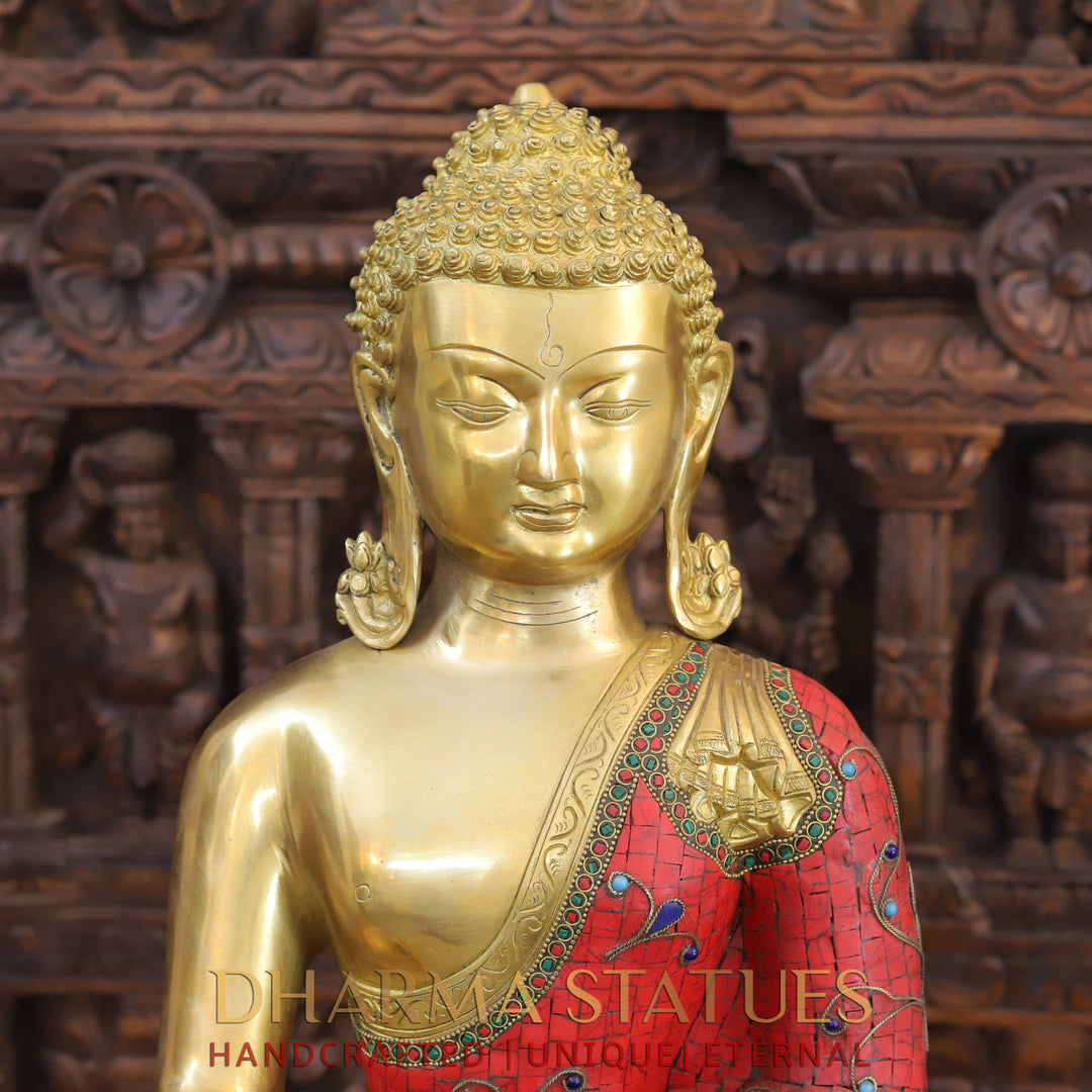 Brass Buddha Idol, Seated on a Lotus, Golden & Stone Work 24"