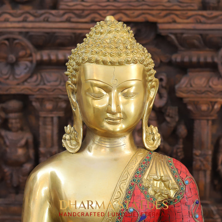 Brass Buddha Idol, Seated, Golden and Stone work 20"