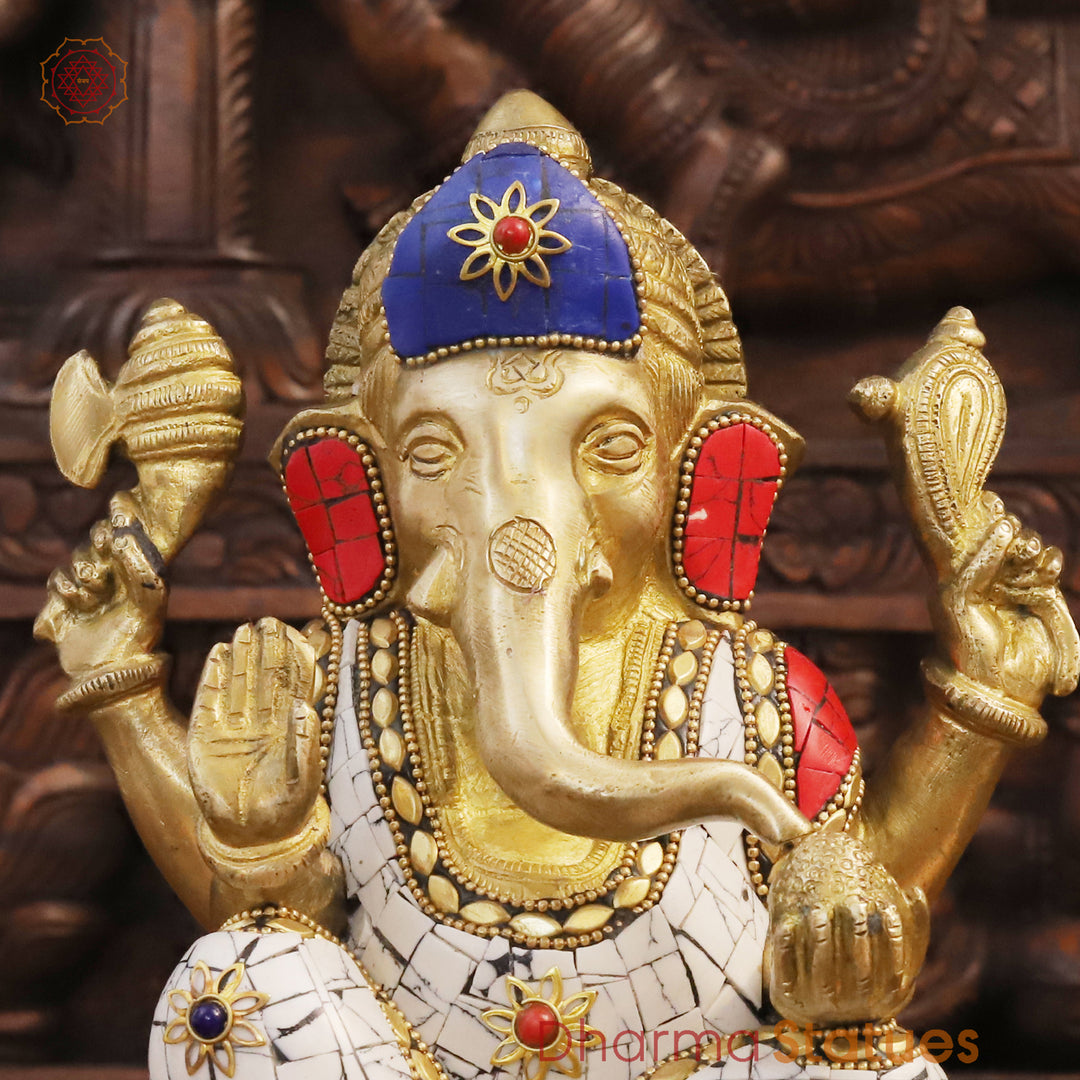 Brass Lord Ganesha Statue, Blessing Ganesha, Golden & Stone Work 8"