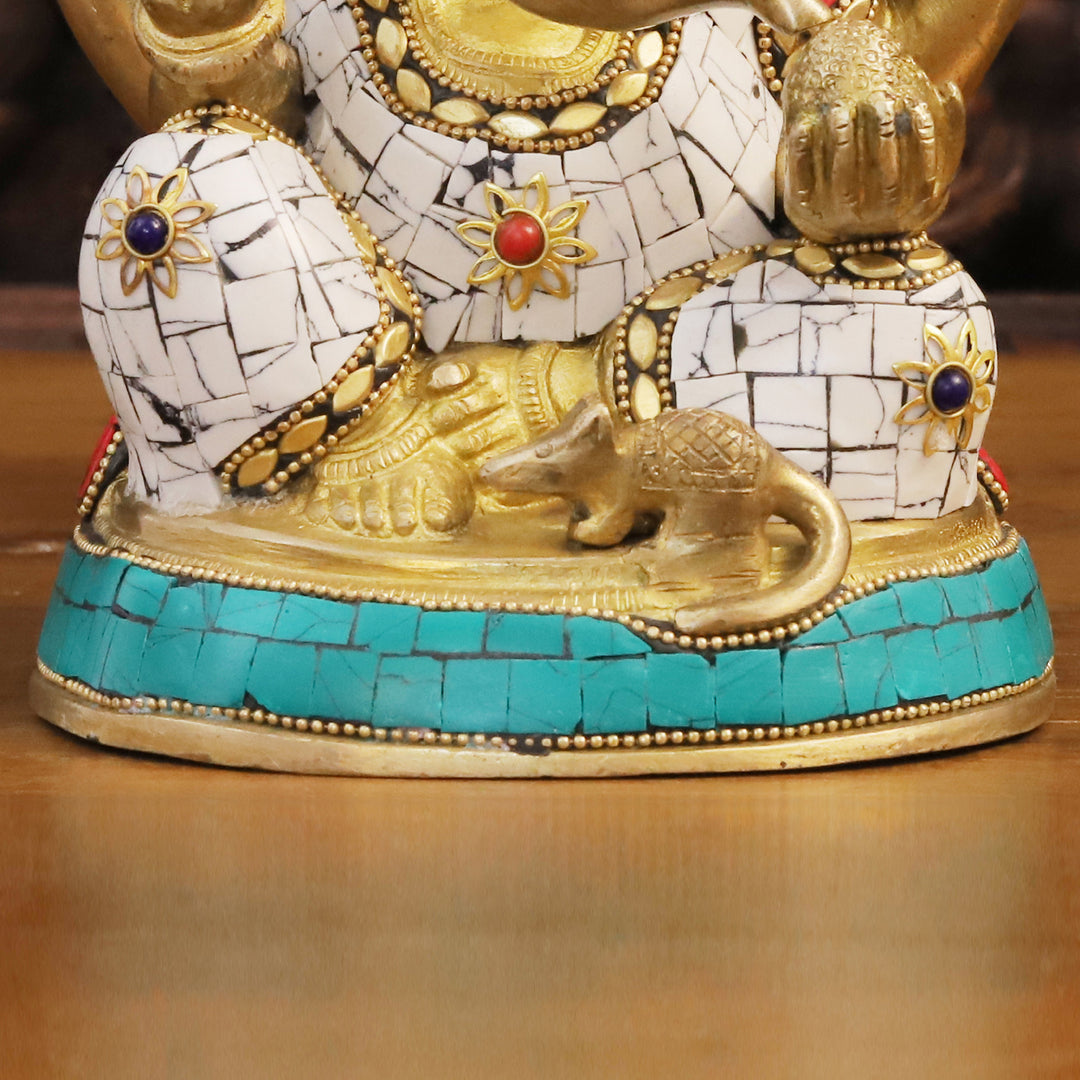 Brass Lord Ganesha Statue, Blessing Ganesha, Golden & Stone Work 8"