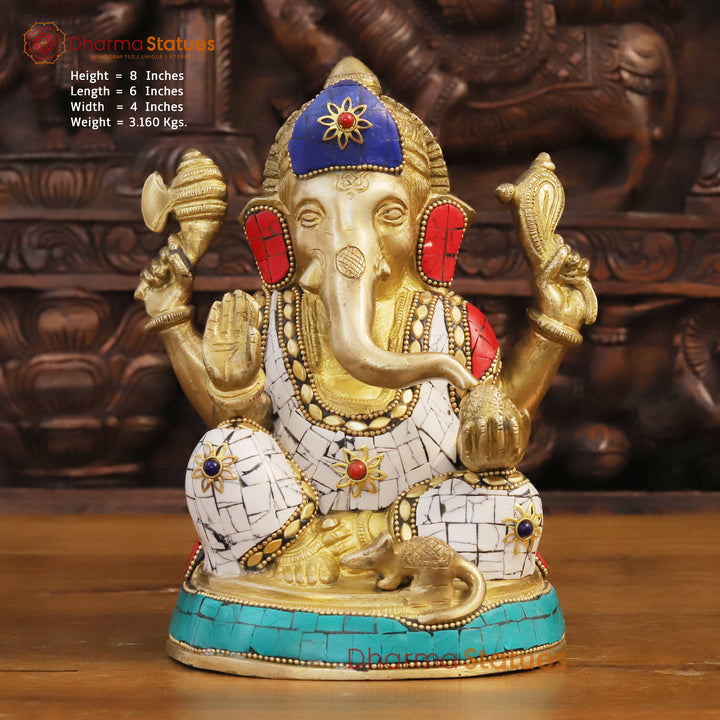 Brass Lord Ganesha Statue, Blessing Ganesha, Golden & Stone Work 8" Front View