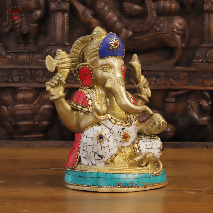 Brass Lord Ganesha Statue, Blessing Ganesha, Golden & Stone Work 8"