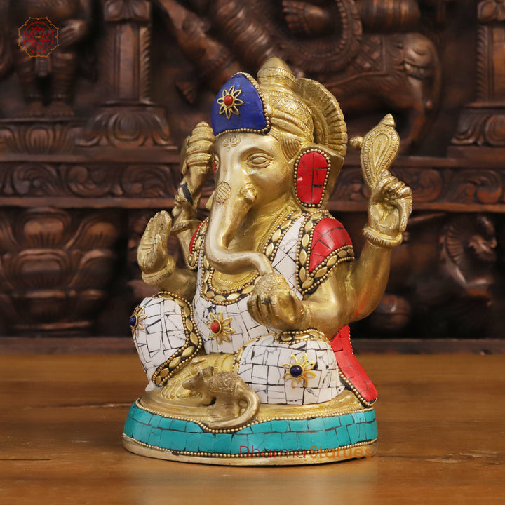 Brass Lord Ganesha Statue, Blessing Ganesha, Golden & Stone Work 8"