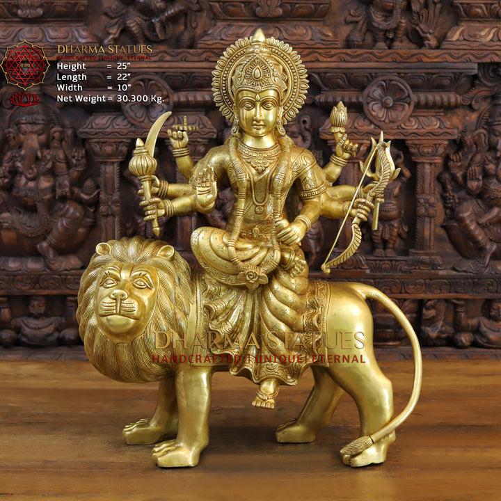 Brass Durga Idol, Seated on a lion, Fine Golden Work 25" Front View