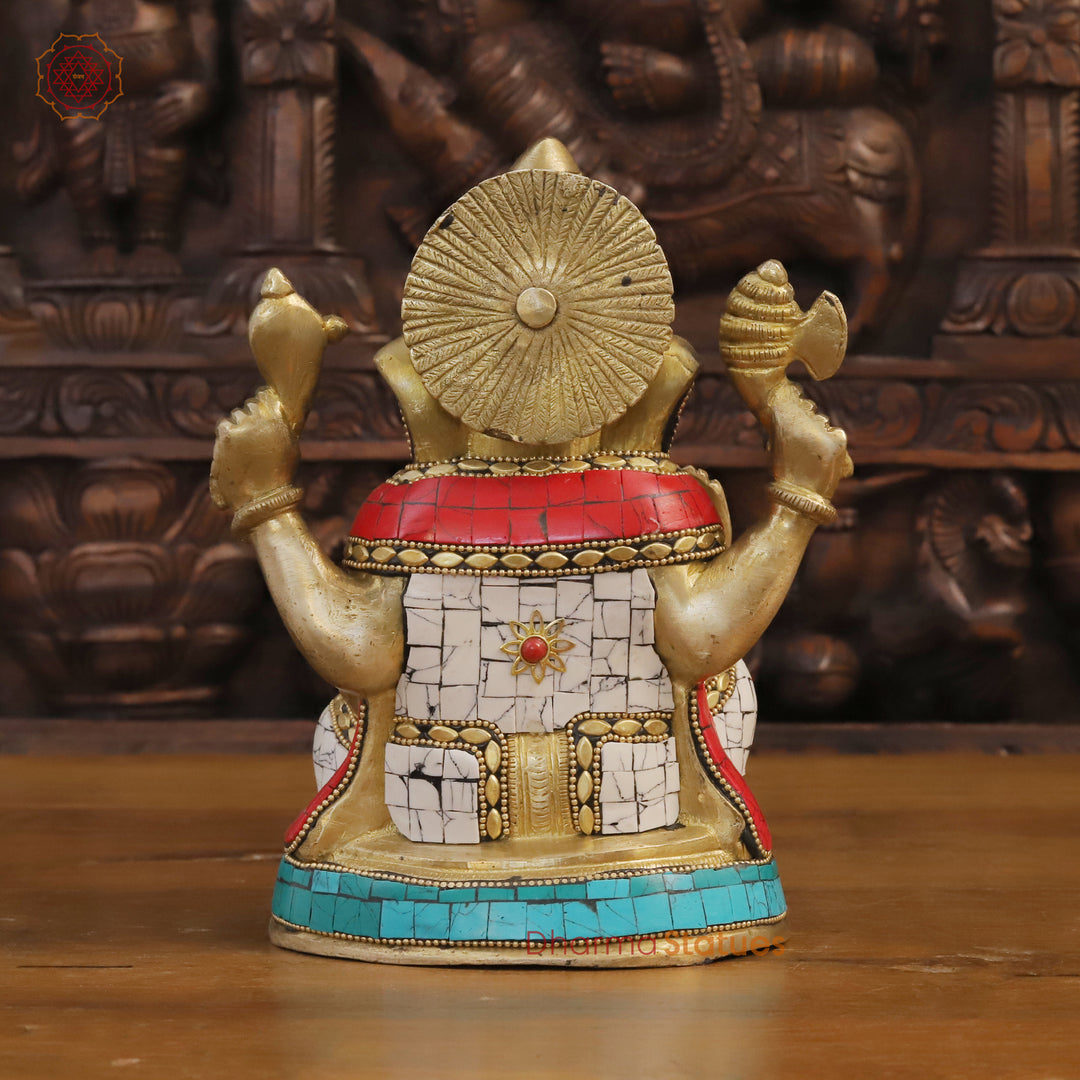 Brass Lord Ganesha Statue, Blessing Ganesha, Golden & Stone Work 8"