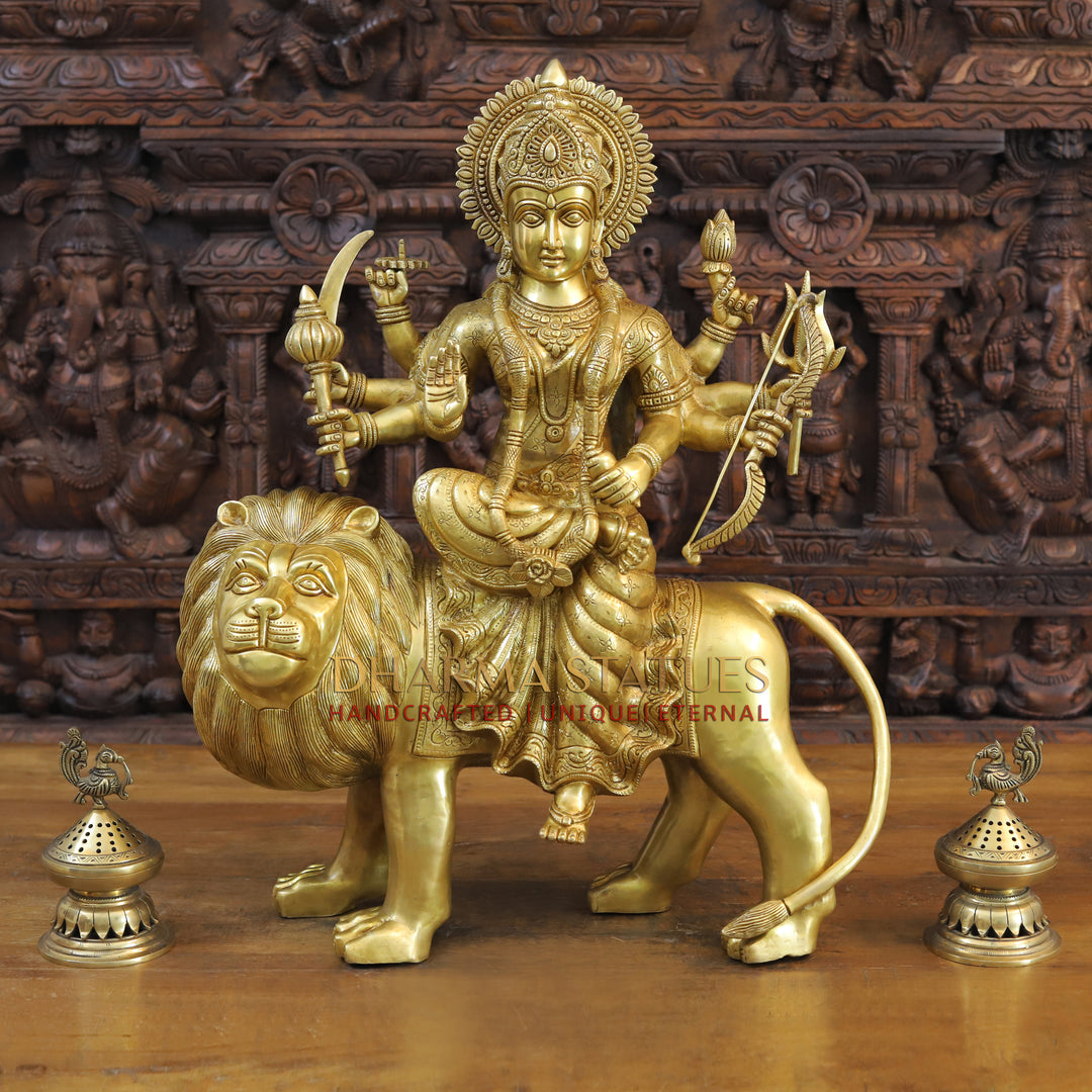 Brass Durga Idol, Seated on a lion, Fine Golden Work 25"