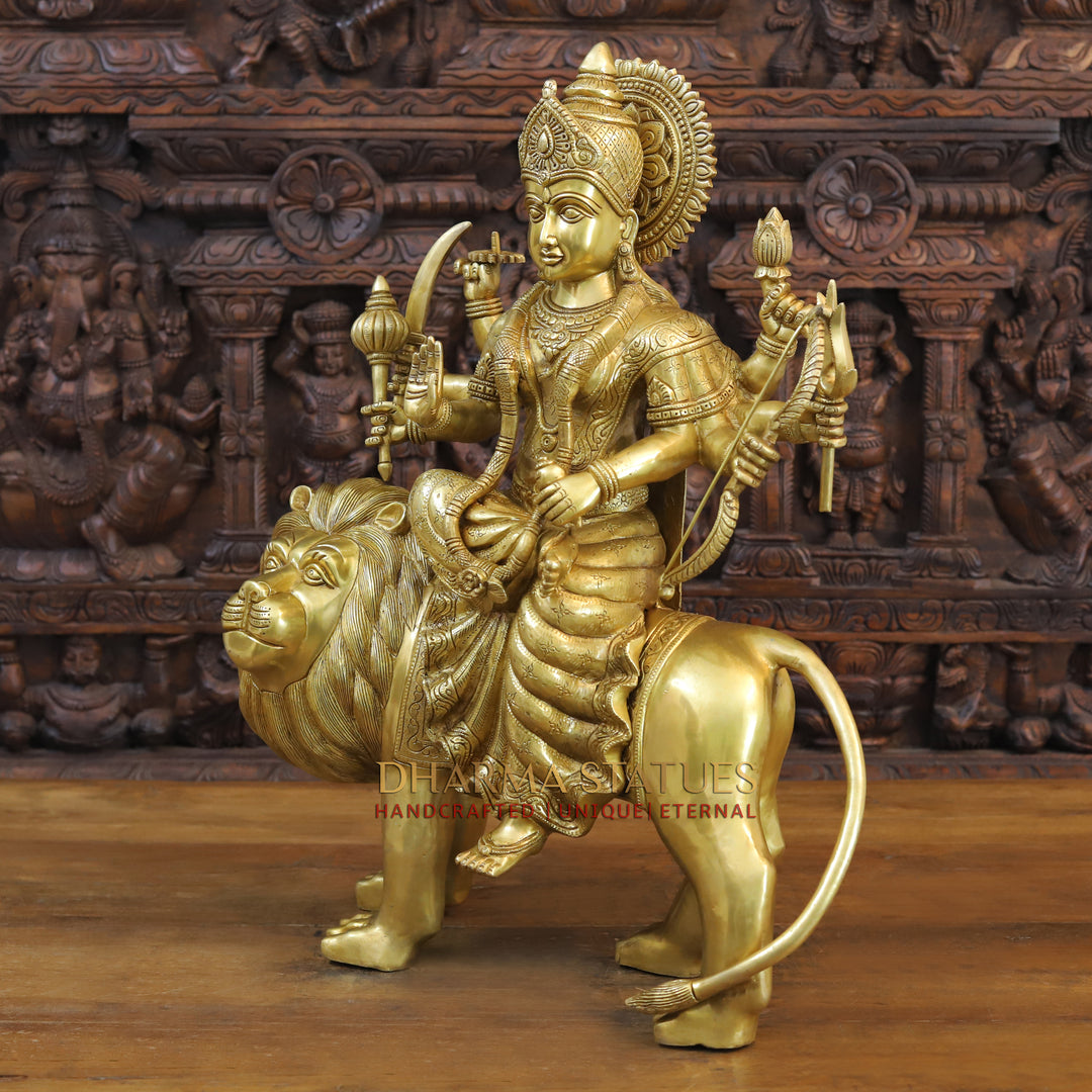 Brass Durga Idol, Seated on a lion, Fine Golden Work 25"