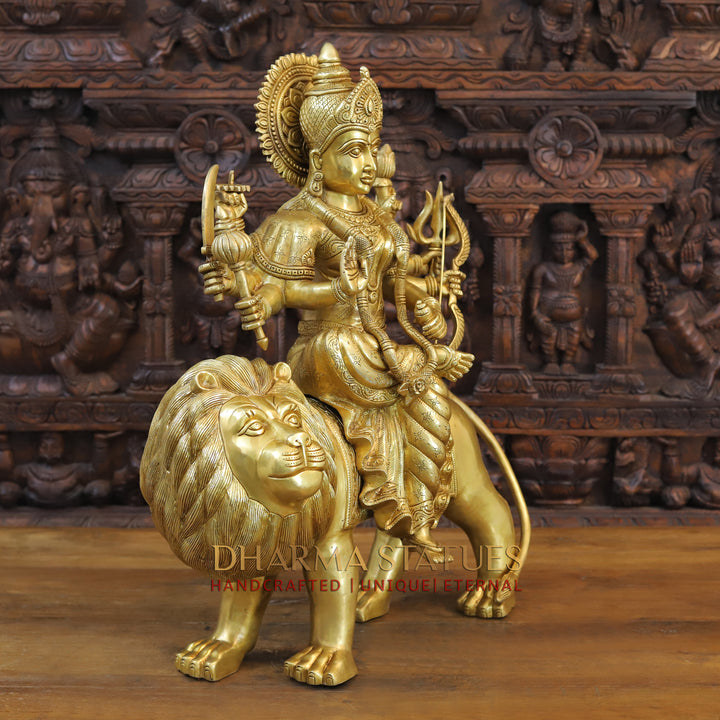 Brass Durga Idol, Seated on a lion, Fine Golden Work 25"