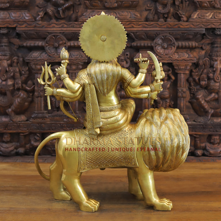 Brass Durga Idol, Seated on a lion, Fine Golden Work 25"