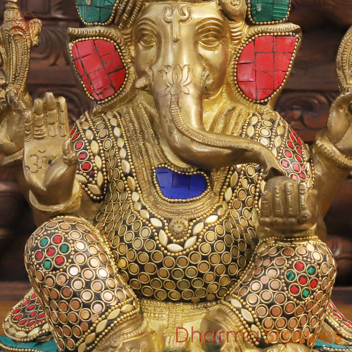 Brass Lord Ganesha Idol, Blessing Ganesha, Golden & Stone Work 11"