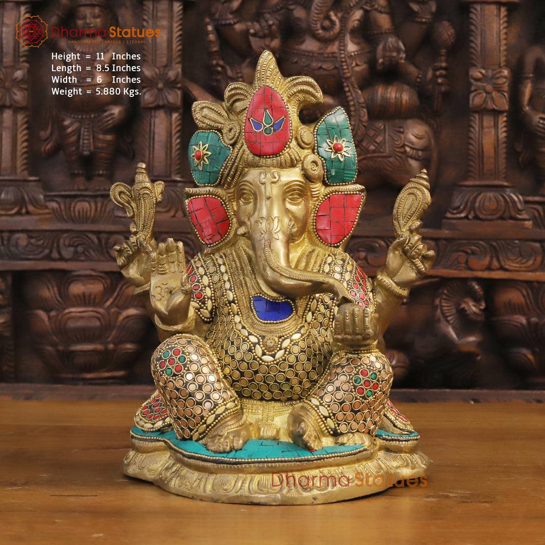 Brass Lord Ganesha Idol, Blessing Ganesha, Golden & Stone Work 11" Front View