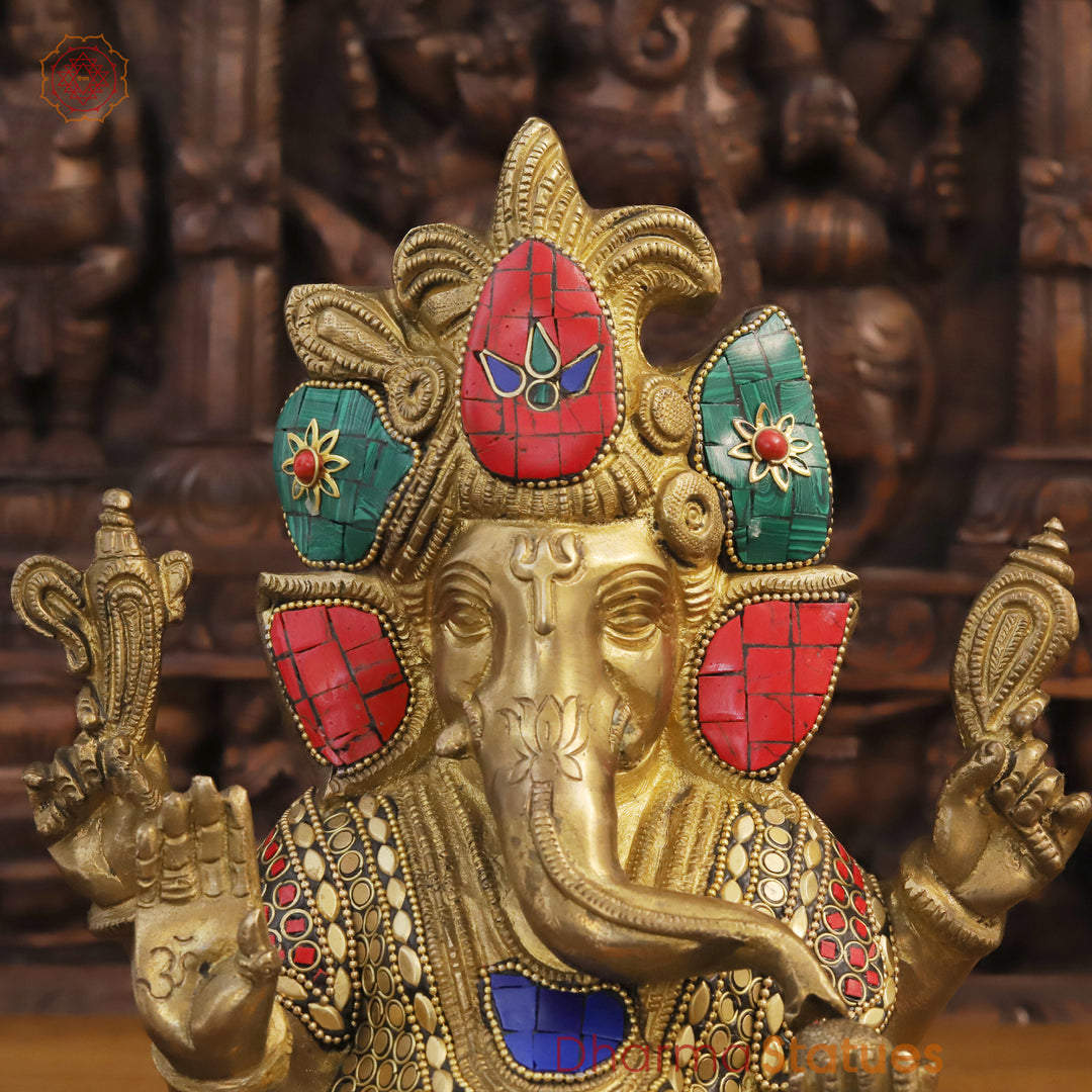 Brass Lord Ganesha Idol, Blessing Ganesha, Golden & Stone Work 11"