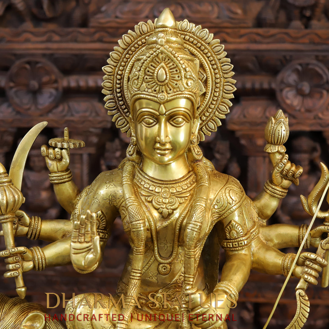 Brass Durga Idol, Seated on a lion, Fine Golden Work 25"